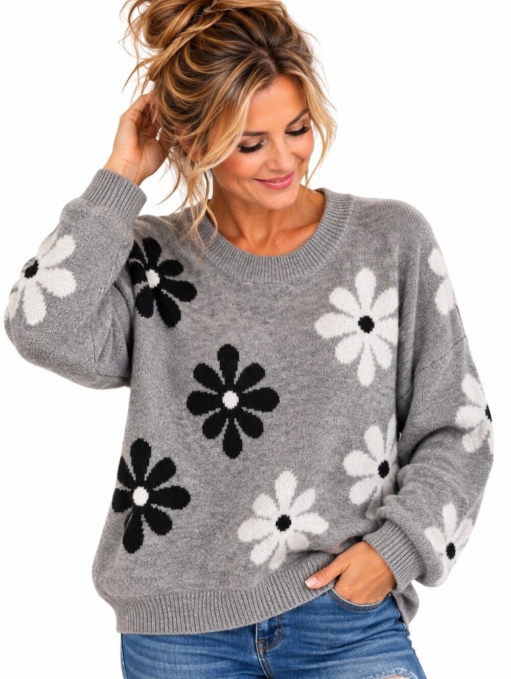 Carolyn Taylor Women’s Large Gray Floral Daisy Crewneck Knit Sweater